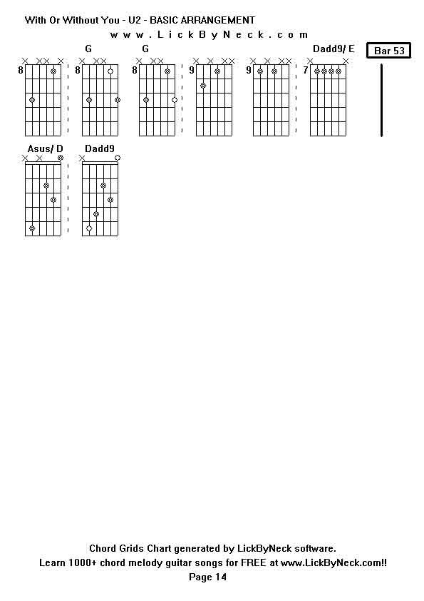 Chord Grids Chart of chord melody fingerstyle guitar song-With Or Without You - U2 - BASIC ARRANGEMENT,generated by LickByNeck software.